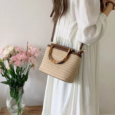 대나무 핸들 여자 미니 토트백 밀짚 크로스백 라탄백