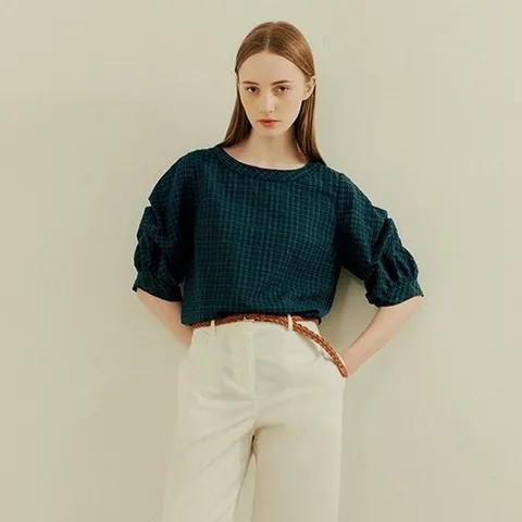 [1종]루즈핏 시어서커 블라우스_그린체크