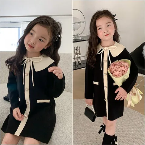 [삐삐네옷가게]삐삐네옷가게 여아 키즈 리본하트  심플 블랙 니트 원피스