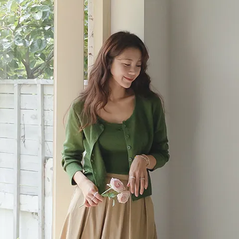 [리린][셋트][LABEL]미니 리본자수 펀칭 레이스 나시 가디건세트