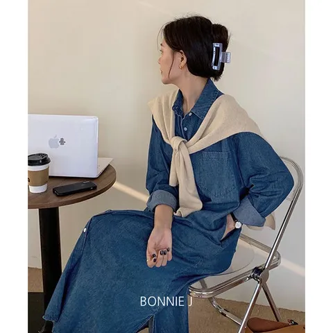 [보니제이] 청 데님 남방 셔츠 롱 원피스(M-XL) 카라넥 빅사이즈