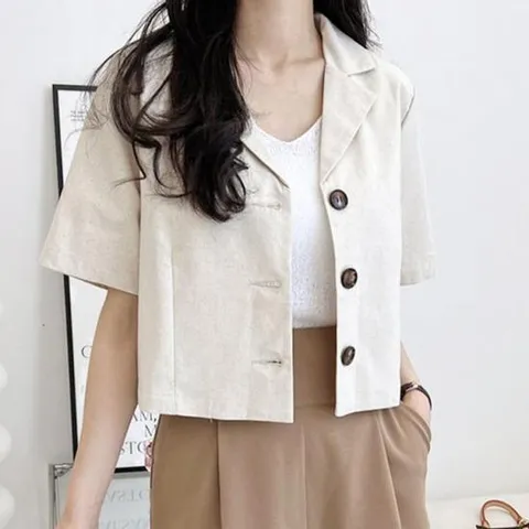 여성 린넨 크롭 반팔 자켓 깔끔한 카라 디자인 여름옷