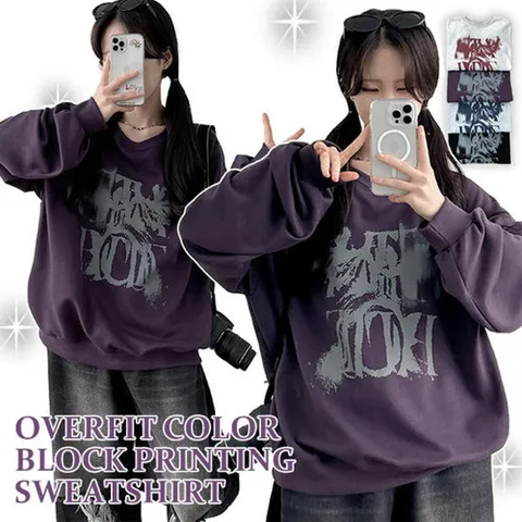 더핑크 / 럼플 오버핏 배색 프린팅 맨투맨