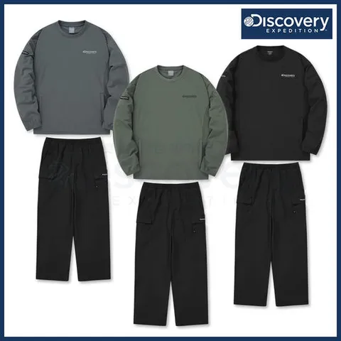 [ 롯데백화점 ]디스커버리 24FW 가을 이월/할인 남성 우븐나일론 에센셜트레이닝맨투맨티셔츠/루즈핏스트링팬츠세트 DMTR37044,DMTP35044(BKS)