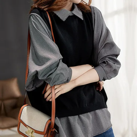 [블랙퀸]GS특가 에뜨 레이어드st 잔체크 블라우스 blk002169