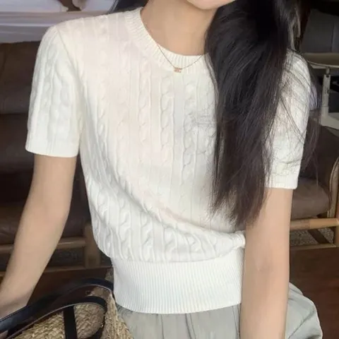 여름 얇은 꽈배기 니트 반팔 캐주얼 여자 티셔츠