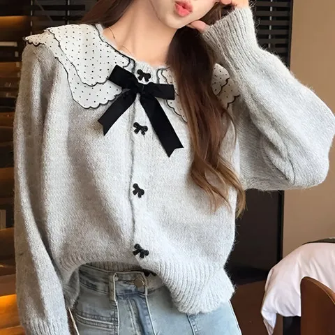 레이스 카라 추동 리본 니트 가디건(mb0404)