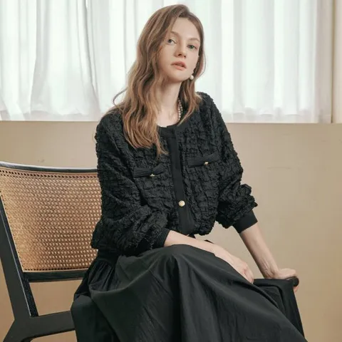 [MAXZA] 엠보 트위드 골드버튼 라운드넥 가디건 자켓