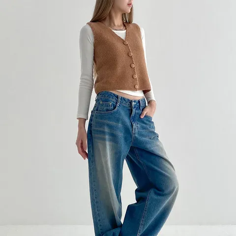 [옷자락 무배] 여자 봄조끼 브이넥 와플 청바지코디 뜨개니트