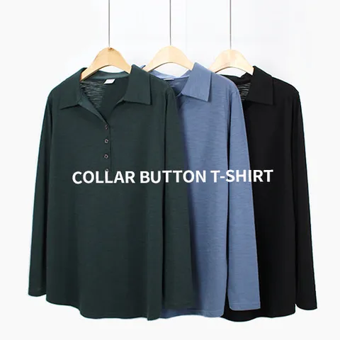 [해피통통] 빅사이즈 버튼카라 긴팔티 여성 정장 슬라브 티셔츠 여성의류