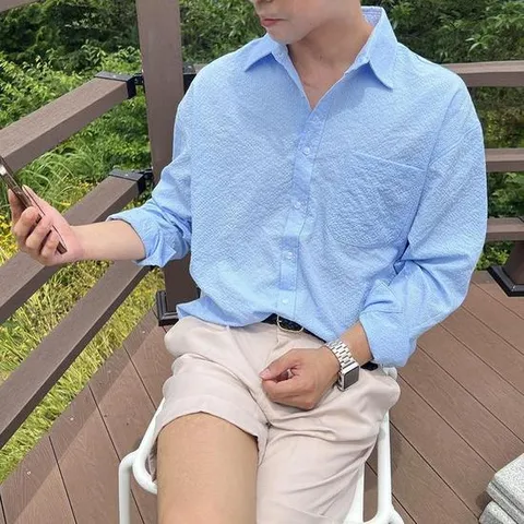 남자여름긴팔셔츠 오버핏 셔츠 시어서커 지짐이 링클