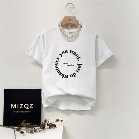 미즈큐즈 / 모니카 레터링 라운드넥 세미 크롭 반팔 티셔츠 3컬러