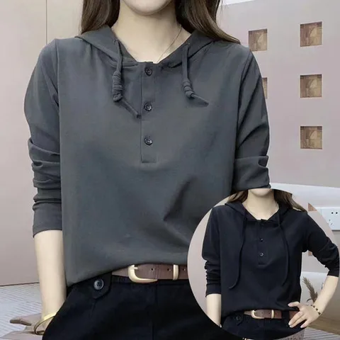 [로즈엘리]캐쥬얼 단추 후드넥 모던 긴팔티 4컬러