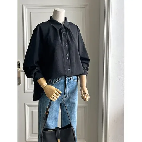 [샵앤]여성 카라넥 주름 2컬러 간절기 긴팔 블라우스 DGB-WBL-3825-블랙