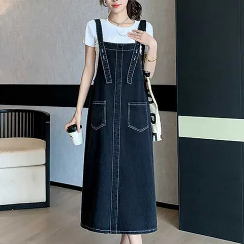나바바 / NO815 캐주얼 버튼 멜빵 데님 스커트 원피스