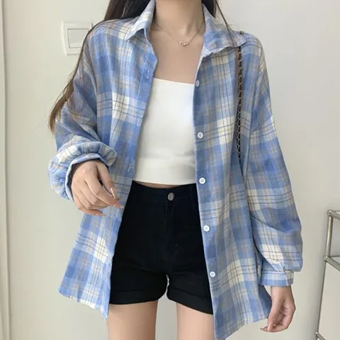 [4종/2타입] 여성 가을 오버핏 긴팔 체크 셔츠 남방 빅사이즈