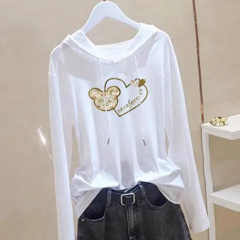 [체리캣] 여성 프린팅 라운드 후드 긴팔 티셔츠 T-54