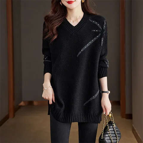 [아리엘스타일]빅사이즈 브이넥 패턴니트 프티므니트