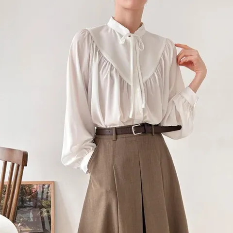 [미라클세븐][M7] 여자 리본 화이트 벌룬 가을데이트룩 블라우스