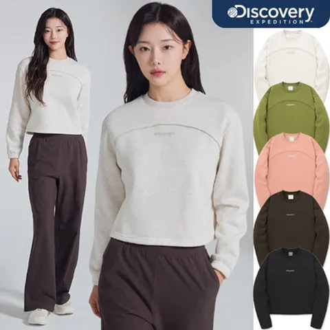 [ 현대백화점 ]디스커버리 [택가 89,000원] 24FW 겨울 이월/할인 여성 세미크롭 기모 맨투맨 티셔츠/세미오버핏 DWMT91046