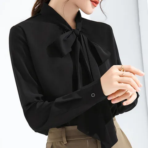 고급스러운 여성 리본 타이 긴팔 블라우스