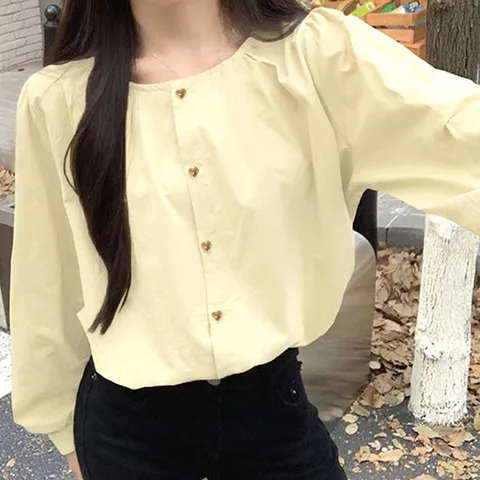 여성 셔링 소매 퍼프 긴팔 셔츠 블라우스 (4color)