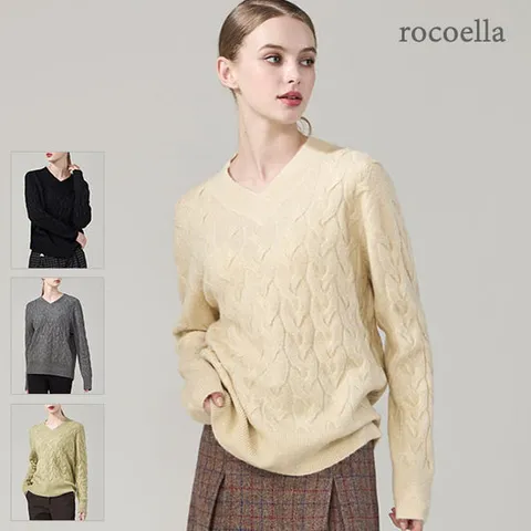 로코엘라 로에드 메탈 V넥 여성 케이블 니트