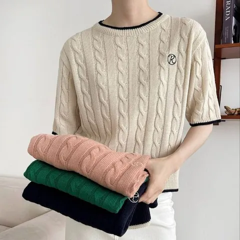 [567스타일]가을 반팔니트 여성 여자 꽈배기니트 루즈핏 77사이즈 빅사이즈