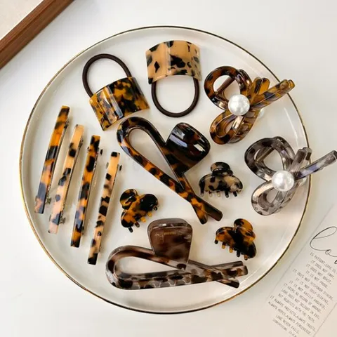 4세트 레오파드 심플 와이드 머리핀 헤어핀 머리끈 올림머리