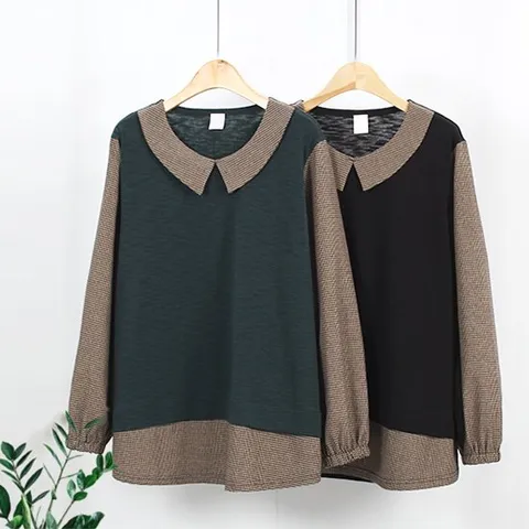 [해피통통] 빅사이즈 체크 배색 블라우스 티 카라 정장 블라티 여성의류