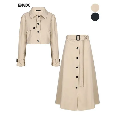 [BNX]여성 트렌치 벨트 크롭 자켓 스커트 세트