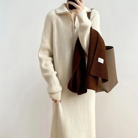 프렌치 반집업 니트 롱 원피스 스웨터 여성 여자 긴팔 겨울 치마