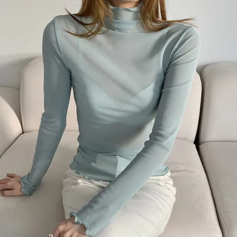 여자 사계절 시스루 무지 목폴라 블라우스 레이어드 이너티