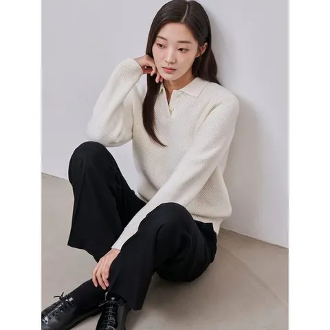 [빈폴레이디스] 울 와플 조직 T칼라 풀오버  아이보리 (BF4951C0