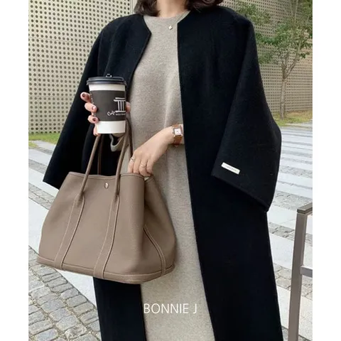 [보니제이] 라운드 노버튼 9부 소매 레이어드 오버핏 롱 코트