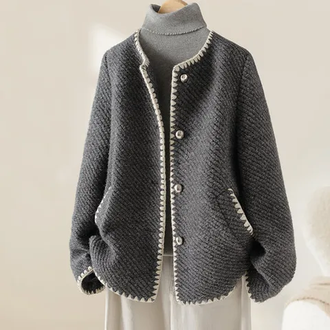 [블랙퀸] 펠카 배색 뜨개 기모 니트 자켓 blk002610