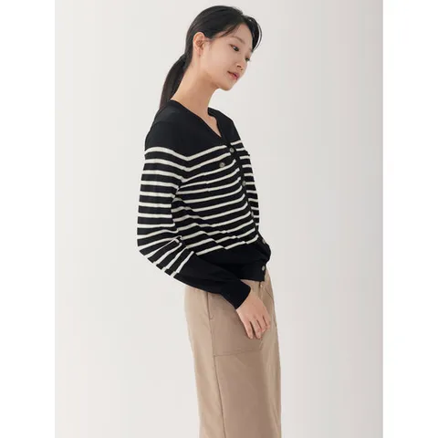 [지센] [24FW] 여성 스트라이프 버튼업 니트 가디건 LCKTO921_BK