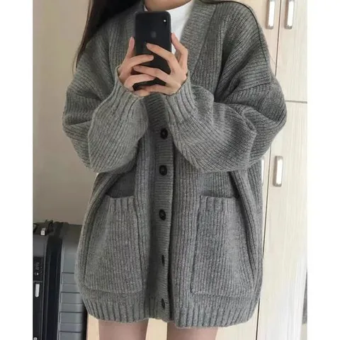 [큐즈]여성 가디건 포켓 스웨터 니트 오버핏 데일리 그레이 브라운 아이보리 데이트룩