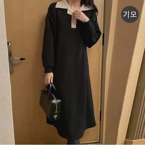 [보리맘]기모 카라 배색 스판 롱 원피스 빅사이즈 하객 임부복 Ta697