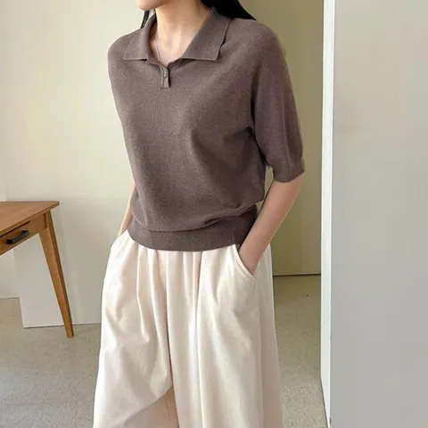 [어반프랑] 토이 카라 원버튼 반팔 울니트 티