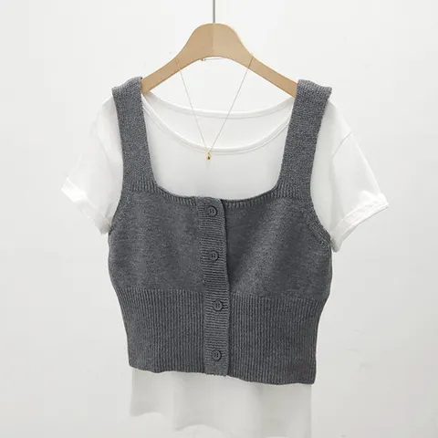 스퀘어넥 버튼 크롭 뷔스티에 /단추 니트 조끼