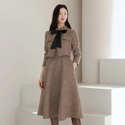 [시크라인] 파이크 타이 세트 A라인 트위드 원피스