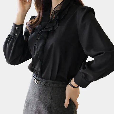 [루이스엔젤] 레이어드 웨이브 러플 드롭 라인 블라우스