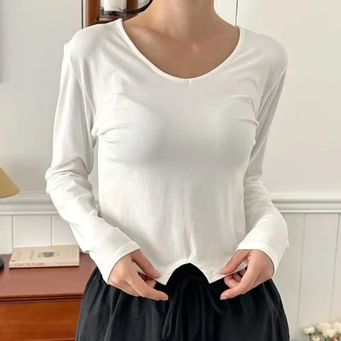 크롭 스쿱넥티 얇은 긴팔티셔츠 무지 홈웨어 데일리