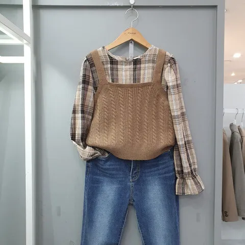 [무자크]조끼레이어드체크블라우스 MO8WBL05