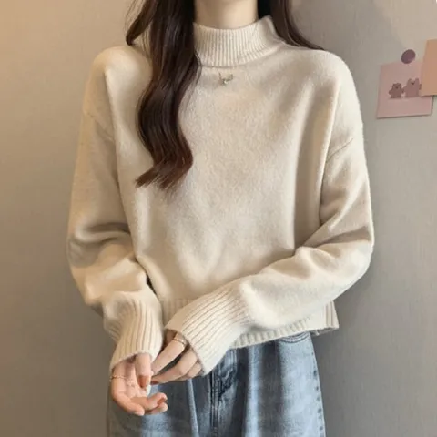 나바바 / NK2531 심플 무지 크롭 반폴라 긴팔 니트티