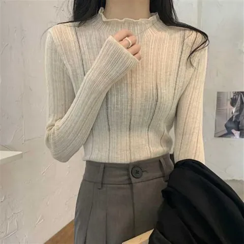 시스루 세미 물결 터틀넥 골지니트 슬림핏 데일리룩