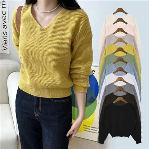 카라넥 봄 신상 오버핏 여성니트 스웨터 브이넥 티