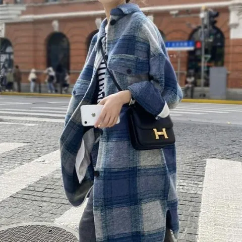 체크 코트 오버핏 여성 모직 롱 외투 셔츠