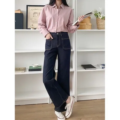 [샵앤]국산 여성 생지 히든밴딩 포켓 와이드 스판 데님 청바지N PRO-WPT-12121-진청